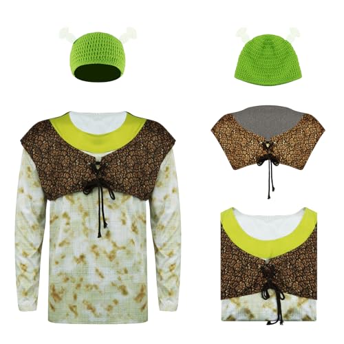 Ogre Kostüm Hemd Weste Erwachsene Hässliches Cosplay Shirt und grüne Strickmütze Halloween Party Outfit für Herren S von Comnfgl