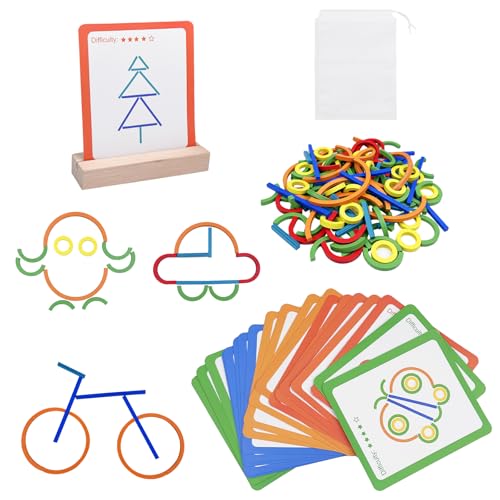 Comzantor Montessori Spielzeug ab 3 Jahre, 120 Stück Puzzle Stöcke und Ringe mit 20 Karten, Holzpuzzle Kinder, Form Farberkennung Lernspiele, Steckpuzzle Lernspielzeug, für Jungen und Mädchen von Comzantor
