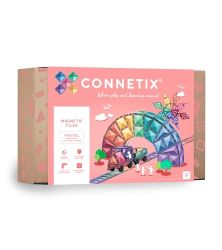 Connetix Fliesen 202-teiliges Pastell Mega Pack, pädagogisches magnetisches Bauset mit großen Sechsecken und Quadraten, Tür- und Fensterstücke, Zäune und 2 Autos mit Gummirädern von Connetix