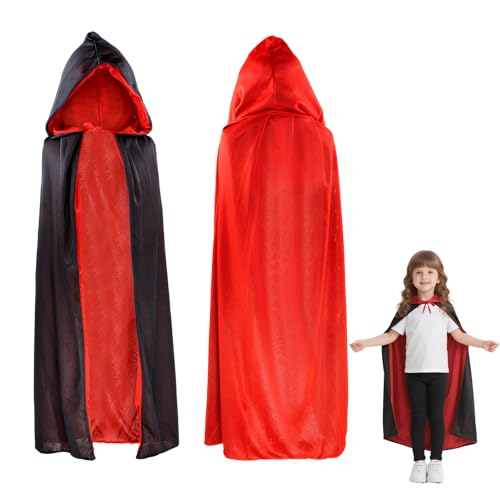 Connextion Umhang mit Kaputze Kinder, Halloween Vampir Kostüm, Junge Mädchen Vampir Umhang für Halloween Fasching Karneval, Beidseitig Vampirumhang Kinder für Cosplay (Schwarzer Rot, 90cm) von Connextion