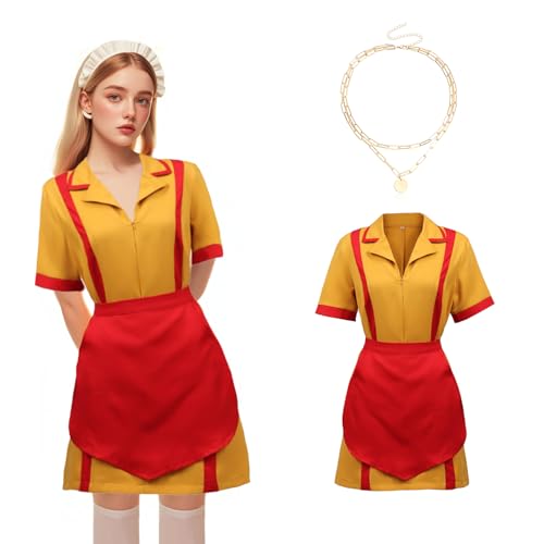 2 Broke Girls Kostüm, Karneval Kleid Caroline und Max Kostüm Faschingskostüme Damen Kellnerin Kostüm mit Schürze Halsketten für Frauen Karneval Fasching Cosplay Motto-Party (L) von Conponous