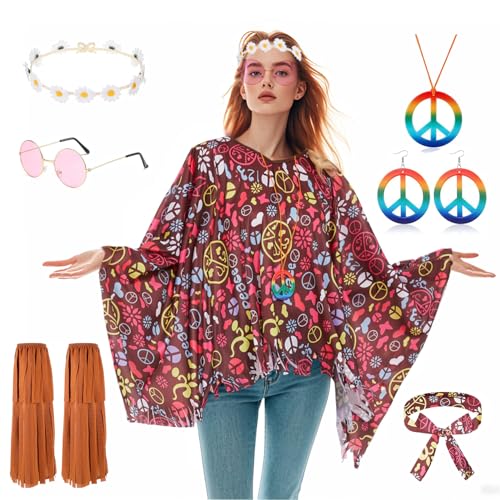 Conponous 7 Stück Hippie Kostüm Damen, Karneval Kostüm Damen, 60er 70er Jahre Kostüm Damen mit Hippie Poncho Halskette Ohrringe Stirnband Sonnenbrillen, Faschingskostüme Damen für Karneval Party Conponous 7 Stück Hippie Kostüm Damen, Karneval Kostüm Damen, 60er 70er Jahre Kostüm Damen mit Hippie Poncho Halskette Ohrringe Stirnband Sonnenbrillen, Faschingskostüme Damen für Karneval Party von Conponous