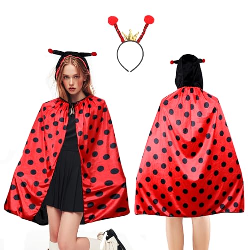 Conponous Marienkäfer Kostüm Damen, Ladybug Kostüm Umhang mit Marienkäfer Haarreif Karneval Kostüm Damen Marienkäfer Cape mit Kapuze für Erwachsenen Karneval Fasching Cosplay Mottoparty von Conponous