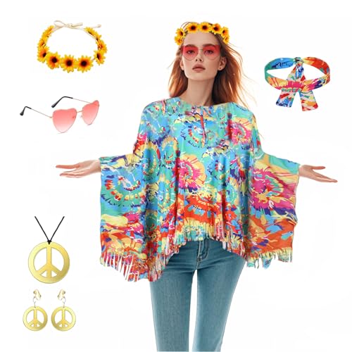 6 Stück Hippie Kostüm Damen, 60er 70er Jahre Kostüm Damen, Hippie Accessoires mit Poncho Stirnband Sonnenbrille Frieden Zeichen Ohrringe Friedenszeichen Halskette für Party Karnevalskostüme Damen 6 Stück Hippie Kostüm Damen, 60er 70er Jahre Kostüm Damen, Hippie Accessoires mit Poncho Stirnband Sonnenbrille Frieden Zeichen Ohrringe Friedenszeichen Halskette für Party Karnevalskostüme Damen von Conponous