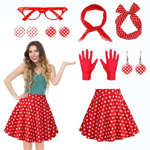 Rockabilly Kostüm Damen, 8 Stück 50er Jahre Kostüm Damen Damen Karneval Kostüm Rock Rot Weiße Punkte mit Stirnband Schal Handschuhe Brille Ohrringe für Faschingskostüme Damen Rockabilly Kleider Rockabilly Kostüm Damen, 8 Stück 50er Jahre Kostüm Damen Damen Karneval Kostüm Rock Rot Weiße Punkte mit Stirnband Schal Handschuhe Brille Ohrringe für Faschingskostüme Damen Rockabilly Kleider von Conponous