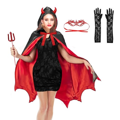 Conponous Damen Teufel Kostüm Faschingskostüm Karneval Kostüm mit Teufelshörner Kapuzenumhang Schwarz Rot Doppelseitig Teufelsgabel Spitzenaugenklappe Spitzenhandschuhen Conponous Damen Teufel Kostüm Faschingskostüm Karneval Kostüm mit Teufelshörner Kapuzenumhang Schwarz Rot Doppelseitig Teufelsgabel Spitzenaugenklappe Spitzenhandschuhen von Conponous