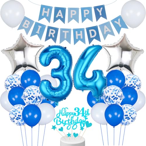 Conruich 34. Geburtstag Dekoration, Luftballon 34. Geburtstag Mann Deko, Blau Tortendeko Geburtstag 34 Jahre Mann, Folienballon 34 Geburtstag Mann Dekoration, Geburtstagsdeko 34 Jahre Männer Frauen von Conruich