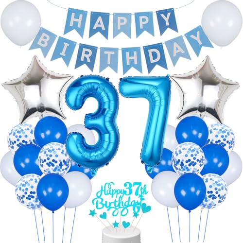 Conruich 37. Geburtstag Dekoration, Luftballon-Set mit 30 Stück in Blau, Stern- und Herzform, Konfetti, für Erwachsene, die ihren 37. Geburtstag feiern, unisex von Conruich