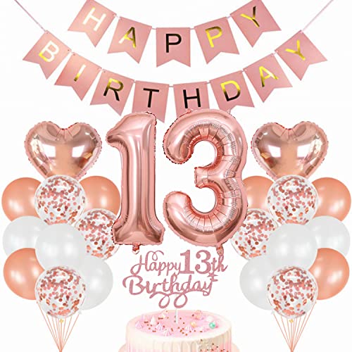 Conruich Geburtstagsdeko 13 Jahre Mädchen, Luftballon 13. Geburtstag Deko, Rosegold Tortendeko Geburtstag 13. Mädchen, Ballon 13 Geburtstag Mädchen, Happy Birthday Banner Deko 13 Geburtstag Mädchen von Conruich