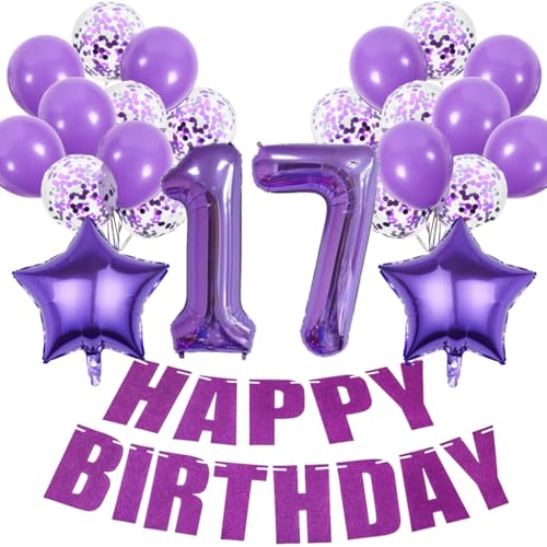 Conruich Deko 17. Geburtstag Mädchen: 27 Premium Lila Ballons & Konfetti, Happy Birthday Banner & Stern Folienballons, perfekt für 17. Geburtstag Dekoration, einfach zu montieren, für Mädchen & Frauen Conruich Deko 17. Geburtstag Mädchen: 27 Premium Lila Ballons & Konfetti, Happy Birthday Banner & Stern Folienballons, perfekt für 17. Geburtstag Dekoration, einfach zu montieren, für Mädchen & Frauen von Conruich