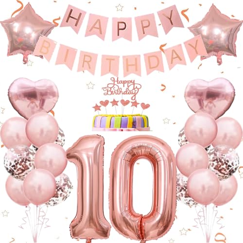 Conruich Geburtstagsdeko 10 Jahre Mädchen, Luftballon 10. Geburtstag Dekoration Mädchen, Rosegold Tortendeko Geburtstag 11 Jahre Mädchen, Happy Birthday Banner Deko 10. Geburtstag Mädchen von Conruich