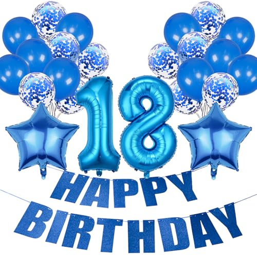 Conruich Geburtstagsdeko 18 Jahre Mädchen, Luftballon 18. Geburtstag Deko Jungen, Folienballon Zahl 18 Blau, Deko 18. Geburtstag Mädchen, Helium Ballon Stern Deko für 18. Geburtstag Party Dekoration von Conruich