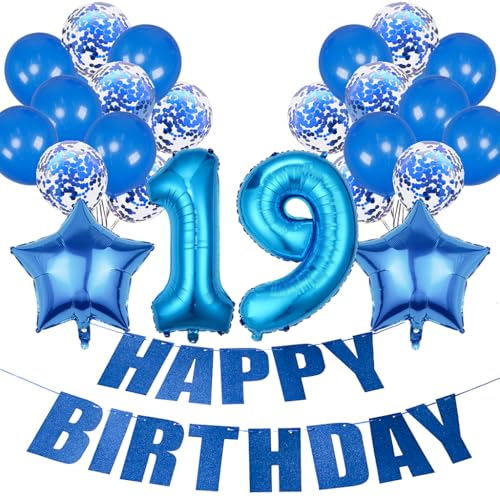 Conruich Geburtstagsdeko 19 Jahre Mädchen, Luftballon 19. Geburtstag Deko Jungen, Folienballon Zahl 19 Blau, Deko 19. Geburtstag Mädchen, Helium Ballon Stern Deko für 19. Geburtstag Party Dekoration von Conruich