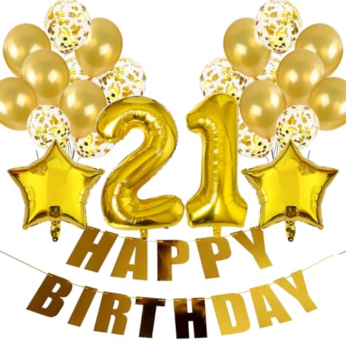 Conruich Geburtstagsdeko 21 Jahre Frau, Luftballon 21. Geburtstag Deko Gold, Folienballon 21 Geburtstag Mann Dekoration, Deko 21. Geburtstag Frauen, Happy Birthday Banner Deko 21 Geburtstag Männer von Conruich