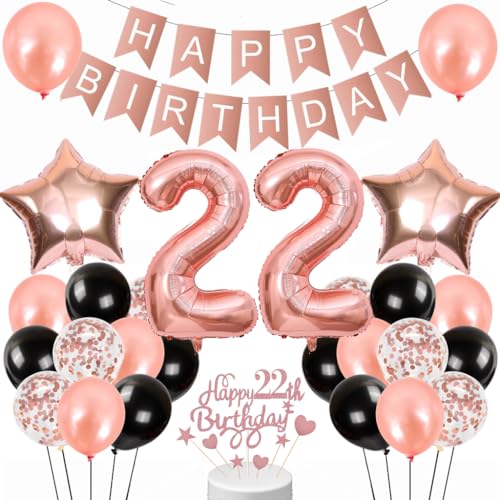 Conruich Geburtstagsdeko 22 Jahre - Luftballon, Rosegold Tortendeko, Happy Birthday Banner für Frauen und Männer Party Dekoration Conruich Geburtstagsdeko 22 Jahre - Luftballon, Rosegold Tortendeko, Happy Birthday Banner für Frauen und Männer Party Dekoration von Conruich