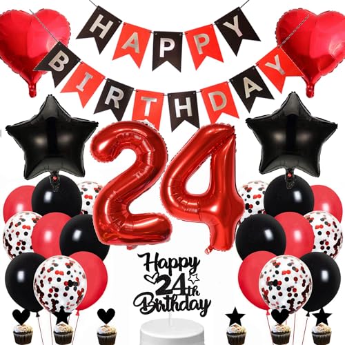 Conruich Geburtstagsdeko 24 Jahre Mann Frau, Schwarz Tortendeko 24. Geburtstag Dekoration Frau, Luftballon 24. Geburtstag Deko Mann, Happy Birthday Banner für 24. Geburtstag Frauen Party Dekoration von Conruich