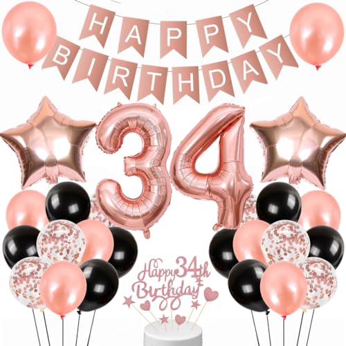 Conruich Geburtstagsdeko 34 Jahre - Luftballon, Rosegold Tortendeko, Happy Birthday Banner für Frauen und Männer Party Dekoration Conruich Geburtstagsdeko 34 Jahre - Luftballon, Rosegold Tortendeko, Happy Birthday Banner für Frauen und Männer Party Dekoration von Conruich