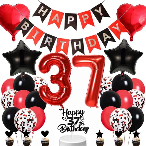 Conruich Geburtstagsdeko 37 Jahre Mann Frau, Schwarz Tortendeko 37. Geburtstag Dekoration Frau, Luftballon 37. Geburtstag Deko Mann, Happy Birthday Banner für 37. Geburtstag Frauen Party Dekoration von Conruich