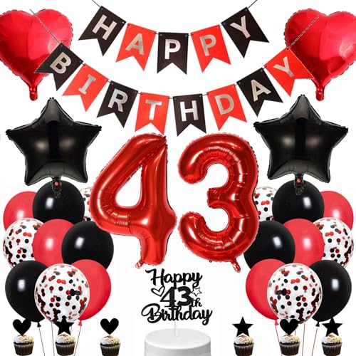 Conruich Geburtstagsdeko 43 Jahre Mann Frau, Schwarz Tortendeko 43. Geburtstag Dekoration Frau, Luftballon 43. Geburtstag Deko Mann, Happy Birthday Banner für 43. Geburtstag Frauen Party Dekoration von Conruich