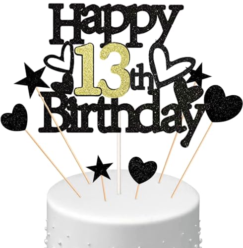 Conruich Happy 13th Birthday Tortendeko Geburtstag Jungen, Schwarz Kuchendeko 13. Geburtstag Mädchen, Kuchen Topper 13. Geburtstag Ballons Konfetti für Geburtstagstorte Deko 13 Jahre Mädchen Junge von Conruich