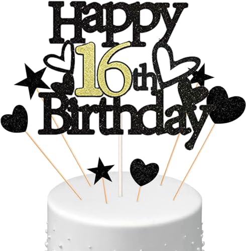 Conruich Happy 16th Birthday Tortendeko Geburtstag Jungen, Schwarz Kuchendeko 16. Geburtstag Mädchen, Kuchen Topper 16. Geburtstag Ballons Konfetti für Geburtstagstorte Deko 16 Jahre Mädchen Junge von Conruich