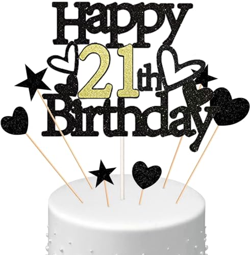 Conruich Happy 21th Birthday Tortendeko Geburtstag Mann, Schwarz Kuchendeko 21. Geburtstag Frau, Glitzer Kuchen Topper 21. Geburtstag Ballons Konfetti für Geburtstagstorte Deko 21 Jahre Frauen Männer von Conruich