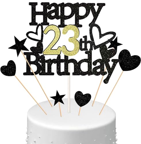 Conruich Happy 23th Birthday Tortendeko Geburtstag Mann, Schwarz Kuchendeko 23. Geburtstag Frau, Glitzer Kuchen Topper 23. Geburtstag Ballons Konfetti für Geburtstagstorte Deko 23 Jahre Frauen Männer von Conruich