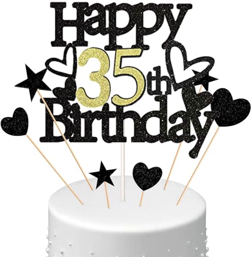 Conruich Happy 35th Birthday Tortendeko Geburtstag Mann, Schwarz Kuchendeko 35. Geburtstag Frau, Glitzer Kuchen Topper 35. Geburtstag Ballons Konfetti für Geburtstagstorte Deko 35 Jahre Frauen Männer von Conruich