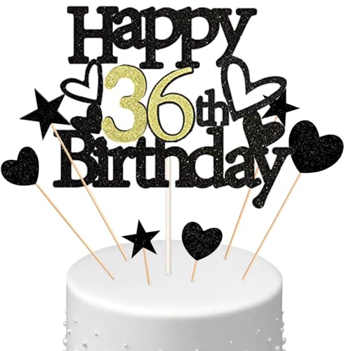 Conruich Happy 36th Birthday Tortendeko Geburtstag Mann, Schwarz Kuchendeko 36. Geburtstag Frau, Glitzer Kuchen Topper 36. Geburtstag Ballons Konfetti für Geburtstagstorte Deko 36 Jahre Frauen Männer von Conruich
