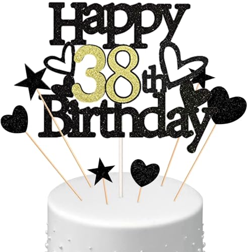 Conruich Happy 38th Birthday Tortendeko Geburtstag Mann, Schwarz Kuchendeko 38. Geburtstag Frau, Glitzer Kuchen Topper 38. Geburtstag Ballons Konfetti für Geburtstagstorte Deko 38 Jahre Frauen Männer von Conruich