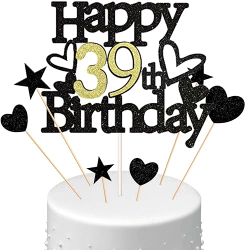 Conruich Happy 39th Birthday Tortendeko Geburtstag Mann, Schwarz Kuchendeko 39. Geburtstag Frau, Glitzer Kuchen Topper 39. Geburtstag Ballons Konfetti für Geburtstagstorte Deko 39 Jahre Frauen Männer von Conruich
