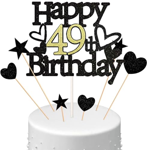 Conruich Happy 49th Birthday Tortendeko Geburtstag Mann, Schwarz Kuchendeko 49. Geburtstag Frau, Glitzer Kuchen Topper 49. Geburtstag Ballons Konfetti für Geburtstagstorte Deko 49 Jahre Frauen Männer von Conruich