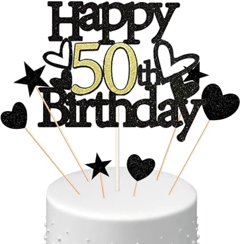 Conruich Happy 50th Birthday Tortendeko Geburtstag Mann, Schwarz Kuchendeko 50. Geburtstag Frau, Glitzer Kuchen Topper 50. Geburtstag Ballons Konfetti für Geburtstagstorte Deko 50 Jahre Frauen Männer von Conruich