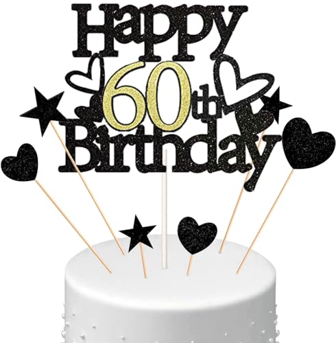 Conruich Happy 60th Birthday Tortendeko Geburtstag Mann, Schwarz Kuchendeko 60. Geburtstag Frau, Glitzer Kuchen Topper 60. Geburtstag Ballons Konfetti für Geburtstagstorte Deko 60 Jahre Frauen Männer von Conruich
