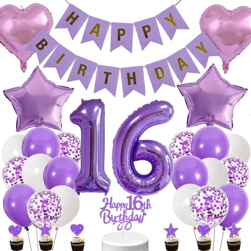 Conruich Lila Luftballons 16. Geburtstag Dekoration, Geburtstagsdeko 16 Jahre Mädchen Tortendeko 16 Geburtstag Mädchen, Deko 16. Geburtstag Mädchen, Happy Birthday Banner Deko 16 Geburtstag Mädchen Conruich Lila Luftballons 16. Geburtstag Dekoration, Geburtstagsdeko 16 Jahre Mädchen Tortendeko 16 Geburtstag Mädchen, Deko 16. Geburtstag Mädchen, Happy Birthday Banner Deko 16 Geburtstag Mädchen von Conruich