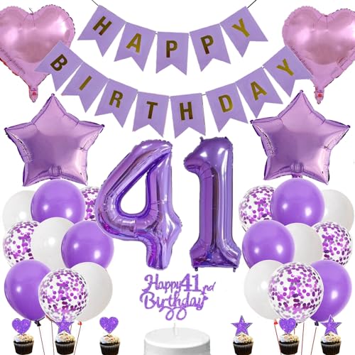 Conruich Lila Luftballons 41. Geburtstag Dekoration, Geburtstagsdeko 41 Jahre Mädchen Tortendeko 41 Geburtstag Mädchen, Deko 41. Geburtstag Mädchen, Happy Birthday Banner Deko 41 Geburtstag Mädchen von Conruich