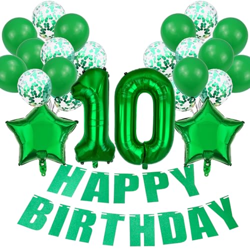 Conruich Luftballon 10. Geburtstag Deko Mädchen, Grün 10. Geburtstag Dekoration, Folienballon 10 Geburtstag Mädchen Dekoration, Happy Birthday Banner für 10. Geburtstag Mädchen Jungen Party Dekoration von Conruich