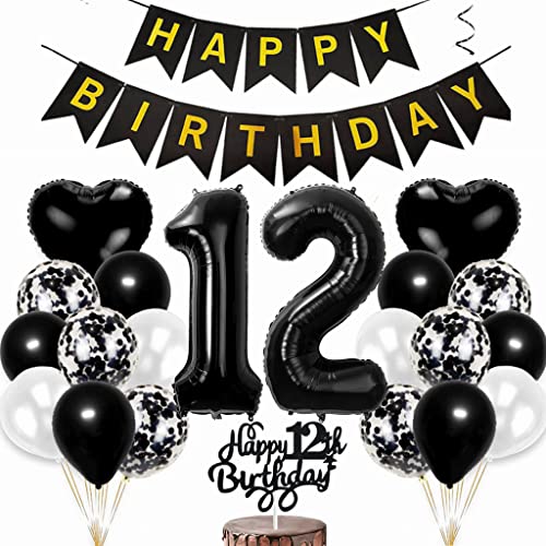 Conruich Luftballon 12. Geburtstag Deko, Geburtstagsdeko 12 Jahre Junge, Tortendeko Geburtstag 12 Jahre Mädchen, Folienballon Zahl 12 Schwarz, Happy Birthday Banner für 12 Jahr Geburtstag Party Deko von Conruich