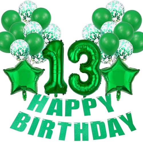 Conruich Luftballon 13. Geburtstag Deko Mädchen, Grün 13. Geburtstag Dekoration, Folienballon 13 Geburtstag Mädchen Dekoration, Happy Birthday Banner für 13. Geburtstag Mädchen Jungen Party Dekoration von Conruich