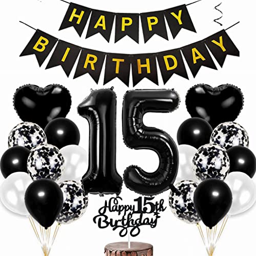 Conruich Luftballon 15. Geburtstag Deko, Geburtstagsdeko 15 Jahre Junge, Tortendeko Geburtstag 15 Jahre Mädchen, Folienballon Zahl 15 Schwarz, Happy Birthday Banner für 15 Jahr Geburtstag Party Deko von Conruich