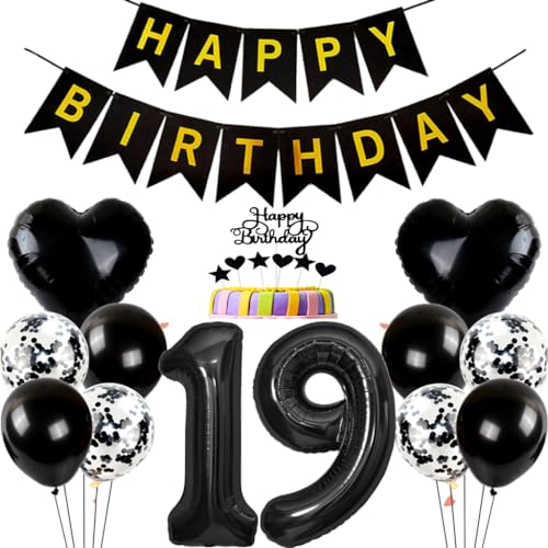 Conruich Geburtstagsdeko 19 Jahre Junge, Ballon 19. Geburtstag Deko Junge, Tortendeko Geburtstag 19 Jahre Mädchen, Folienballon Zahl 19 Schwarz, Happy Birthday Banner für 19 Jahr Geburtstag Party Deko von Conruich