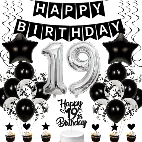 Conruich Luftballons 19. Geburtstag Dekoration, Schwarz Tortendeko Geburtstag 19 Jahre Junge, Folienballon Zahl 19 Schwarz, Deko 19. Geburtstag Mädchen, Geburtstagsdeko 19 Jahre Jungen Mädchen von Conruich