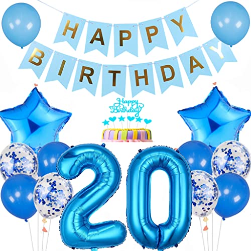 Conruich Luftballon 20. Geburtstag Dekoration, Geburtstagsdeko 20 Jahre Mann Frau, Tortendeko Geburtstag 20 Jahre Männer, Blau 20. Geburtstag Deko, Happy Birthday Banner für 20. Geburtstag Party Deko von Conruich