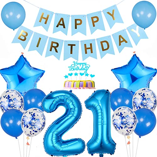 Conruich Luftballon 21. Geburtstag Dekoration, Geburtstagsdeko 21 Jahre Mann Frau, Tortendeko Geburtstag 21 Jahre Männer, Blau 21. Geburtstag Deko, Happy Birthday Banner für 21. Geburtstag Party Deko von Conruich