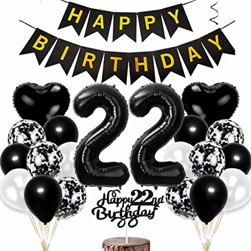 Conruich Luftballon 22. Geburtstag Deko für Mann und Frau - Tortendeko, Folienballon Zahl 22 Schwarz, Happy Birthday Banner für Party Conruich Luftballon 22. Geburtstag Deko für Mann und Frau - Tortendeko, Folienballon Zahl 22 Schwarz, Happy Birthday Banner für Party von Conruich