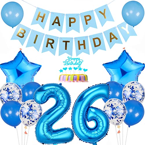 Conruich Luftballon 26. Geburtstag Dekoration, Geburtstagsdeko 26 Jahre Mann Frau, Tortendeko Geburtstag 26 Jahre Männer, Blau 26. Geburtstag Deko, Happy Birthday Banner für 26. Geburtstag Party Deko von Conruich