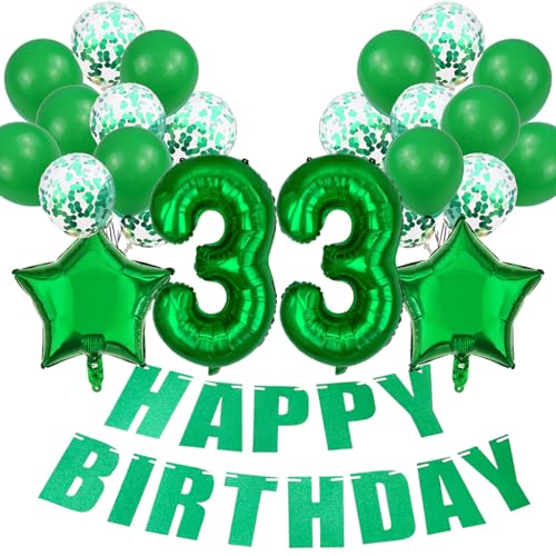 Conruich Luftballon 33. Geburtstag Deko Frau, Grün 33. Geburtstag Dekoration, Folienballon 33 Geburtstag Frauen Dekoration, Happy Birthday Banner für 33. Geburtstag Manner Frauen Party Dekoration von Conruich