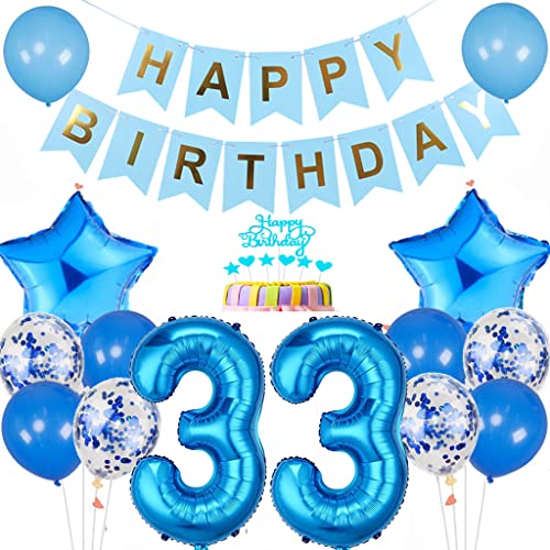 Conruich Ballon-Set 33. Geburtstag Dekoration, 35 Stück, Blau, Stern, Herz, Metallischer Glanz, Konfetti, Männer, 33. Geburtstag, Erwachsene von Conruich