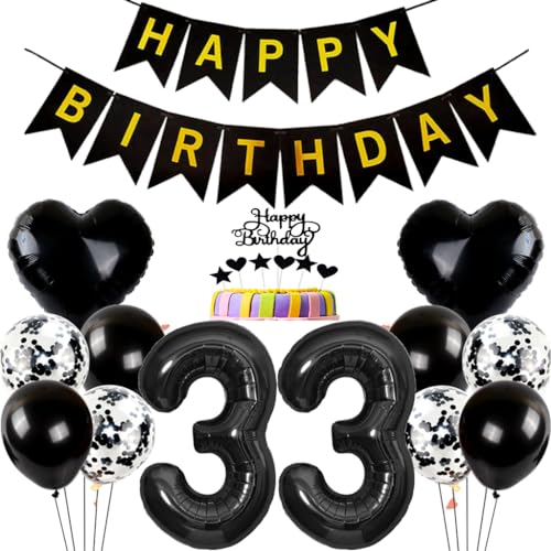 Conruich Geburtstagsdeko 33 Jahre Mann Frau, Ballon 33. Geburtstag Deko Mann, Tortendeko Geburtstag 33 Jahre Frau, Folienballon Zahl 33 Schwarz, Happy Birthday Banner für 33 Jahr Geburtstag Party Deko von Conruich