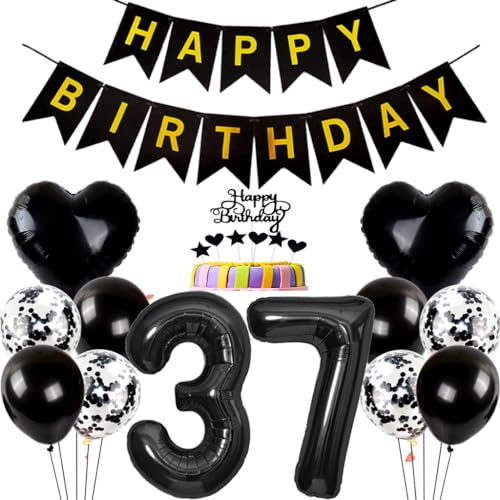 Conruich Geburtstagsdeko 37 Jahre Mann Frau, Ballon 37. Geburtstag Deko Mann, Tortendeko Geburtstag 37 Jahre Frau, Folienballon Zahl 37 Schwarz, Happy Birthday Banner für 37 Jahr Geburtstag Party Deko von Conruich